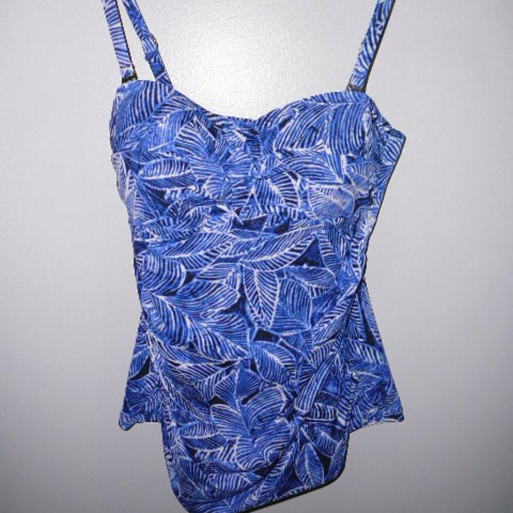 Chap's Blue & White Tropical Palms Bathing Suit Top With Built In Bra Size-6